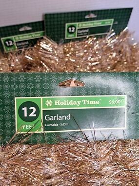 Holiday Time 12-Foot Tinsel Gold Garland Lot of 3 all are new